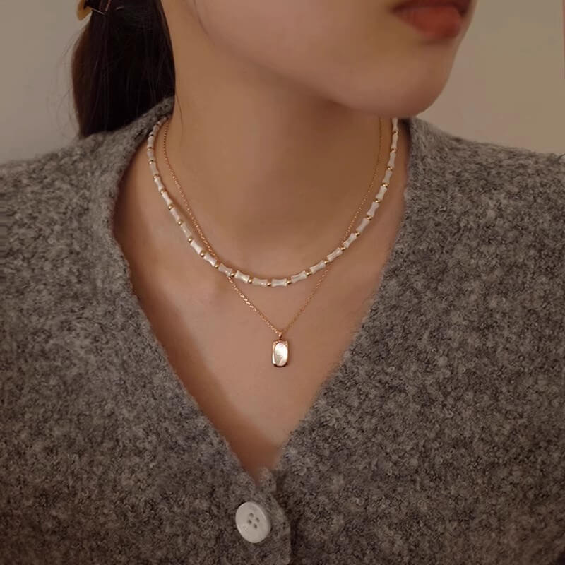 Square Mother Of Pearl Necklace Silver Chain (1)